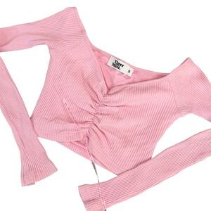 Tiger Mist Pink Ribbed Ruched Sweetheart Off Shoulder Long Sleeve Crop Top S